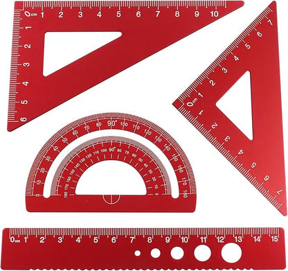 4 Pcs Triangular Ruler Set, Aluminum Alloy Geometry Tools, Metal Drafting Ruler for Students, Draftsmen, Engineers, School Office Supplies with Protractor & Metric Scales (Red)