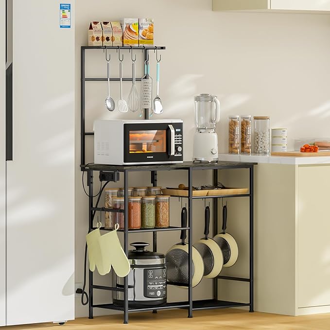 Bakers Rack with Power Outlet, Kitchen Microwave Stand with 10 S-shaped Hooks, 6-Tier Coffee Bar Station, Kitchen Storage Shelf Rack for Spices, Pots, Gray