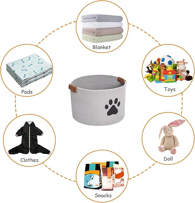 Geyecete Round Dog dog toy basket storage weave Rope Storage Basket Pet/Doy Toy Box Dog Storage Basket-Gray
