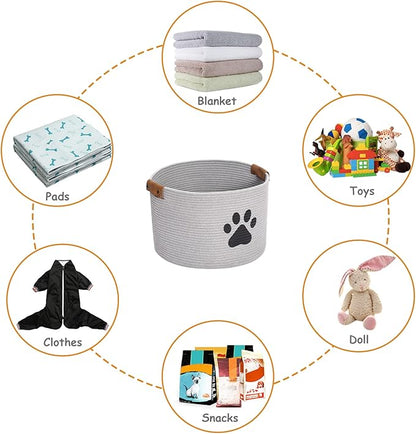 Geyecete Round Dog dog toy basket storage weave Rope Storage Basket Pet/Doy Toy Box Dog Storage Basket-Gray