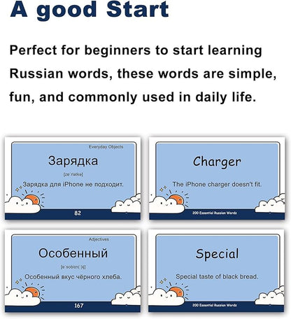 200 Essential Russian Words Vocabulary Flash Cards Flashcard for Beginners Adults | Learn Russian for Beginners Adult