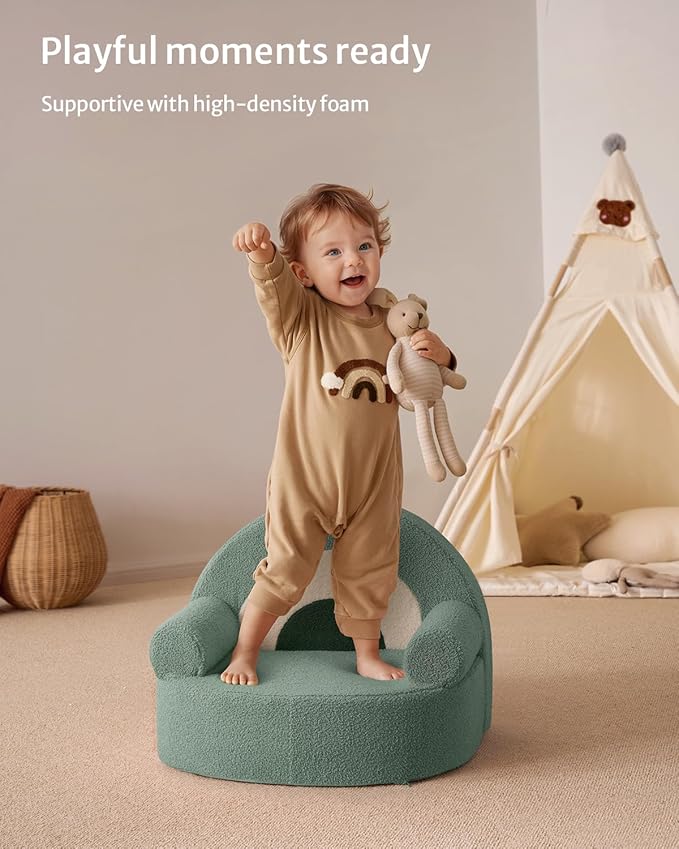 Blissful Diary Toddler Chair Comfy, Foam Kids Chair with Soft Teddy Plush, Toddler Reading Chair with Cute Arclet Designs- Sage Green