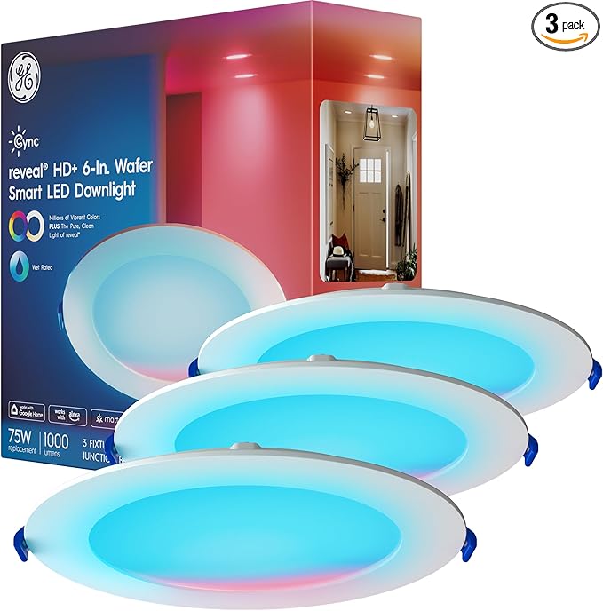 Cync GE Reveal Wafer Smart LED Downlight, Color Changing Lights, Matter Compatible, Compatible with Alexa and Google Home, No Recessed Housing Required, 6 Inches, 75W, 1000 Lumens, (3 Pack)