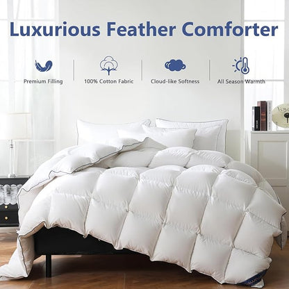 DOWNCOOL Feather Comforter Oversized King Size, Ultra Soft Fluffy Duvet Insert with 100% Cotton Cover, All Season Luxurious Hotel Bedding Comforters with Corner Tabs, White 116"x98"