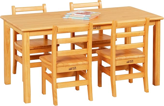 ECR4Kids 24in x 48in Rectangular Hardwood Table and Chair Set, 12in Seat Height, Kids Furniture, Honey