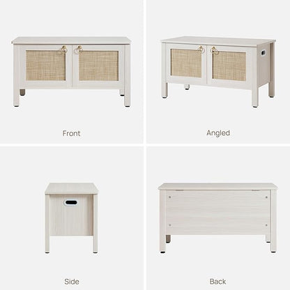 SICOTAS Rattan Shoe Bench - 2 Pieces Farmhouse Shoe Organizer Bench with Lift Top Storage and Hidden Cabinet, Boho Shoe Rack Cabinet for Entryway, Hallway, Bedroom (White Cream Oak)