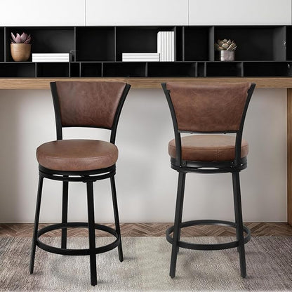 Bar Stools Set of 2, 25 Inch Metal Counter Height Bar Chairs, Modern Faux Leather 360° Round Swivel Barstools with Back, Counter Stools for Kitchen Island, Pub, Brown