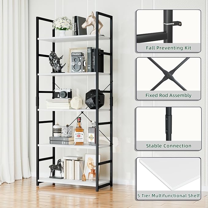OTK 5 Tier Bookshelf, Tall Bookcase, Office Shelf Storage Organizer, Modern Book Shelf for Living Room, Bedroom, and Home Office, White