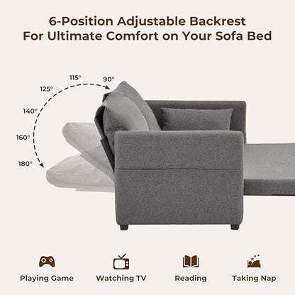 Furnimart 62" Queen Size Pull Out Sofa Bed, 3 in 1 Convertible Sleeper Bed with 6-Position Adjustable Backrest & Side Pockets, Modern Linen Loveseat Futon Couch for Living Room, Apartment, Dark Grey