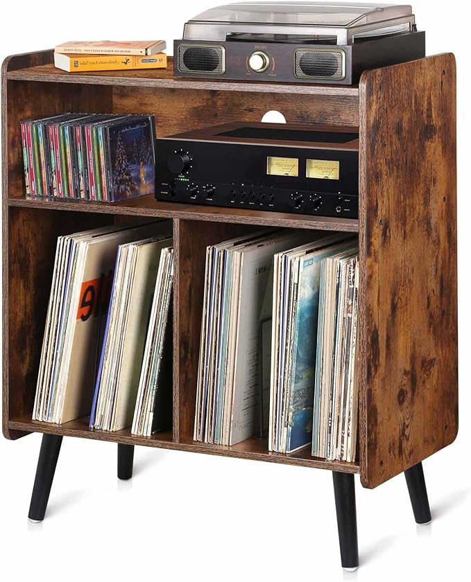 3-Tier Vintage Record Player Stand, Mid-Century Vinyl Record Storage Cabinet Table Holds up to 100 Albums, Large Wood Turntable Stand for Living Room, Office, Rustic Brown