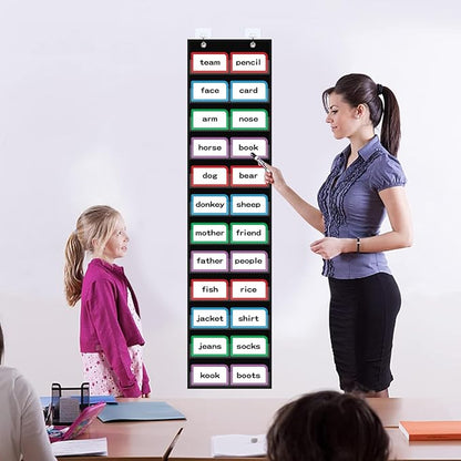 10”W x 48.25”H Classroom Words Pocket Chart with 12 Clear Pockets, Black Standard Pocket Chart for Classroom and Home for Sentence Strips, Reusable Words Hanging Pocket Chart (Black)