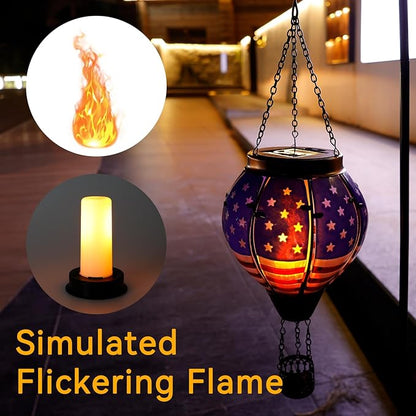 Hot Air Balloon Outdoor Solar Lantern with Flickering Flame, Hanging Light Waterproof for Garden Patio Yard Party Porch Decor, Solar Glass Lamp for Outside Decorative Gifts (Flag)