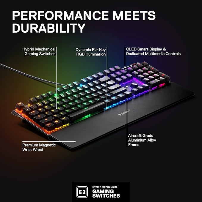 SteelSeries USB Apex 5 Hybrid Mechanical Gaming Keyboard – Per-Key RGB Illumination – Aircraft Grade Aluminum Alloy Frame – OLED Smart Display (Hybrid Blue Switch)