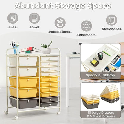COSTWAY 15 Drawer Rolling Storage Cart, Multipurpose Mobile Storage Organizer w/Removable Drawers & Metal Frame, Utility Tools Paper Organizer on Wheels for Home, Office (Yellow, Beige & Grey)