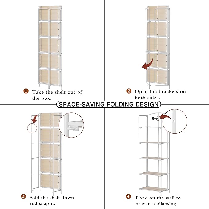 Crofy No Assembly Folding Bookshelf for Living Room, 5 Tier White Collapsible Book Shelf for Home Office, Portable Bookcase Storage Organizer