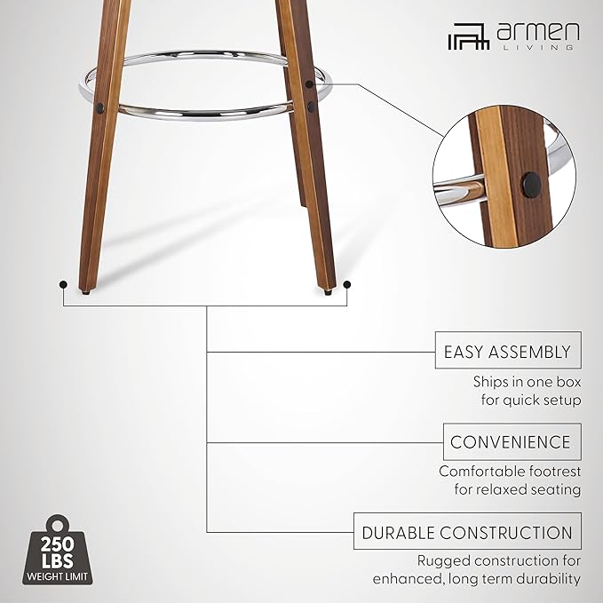 Armen Living Sonia 26" Counter Height Swivel Gray Faux Leather and Walnut Wood Bar Stool - Set of 3