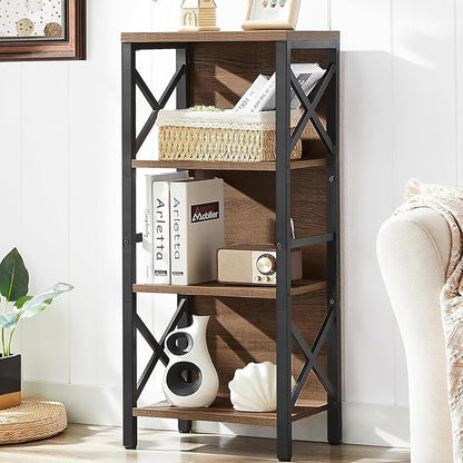 Small Bookshelf,4 Tier Industrial Bookcase with Metal Frame and Backboard,Narrow Rustic Brown Book Shelf,Book case for Small Spaces,Living Room,Bedroom and Home Office