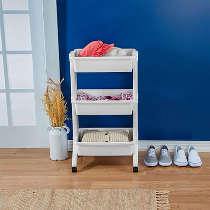 Sterilite 3 Tier Utility Cart Portable Storage Open Bin Organizer with 360 Degree Smooth Rolling Caster Wheels, Supports 10 lb Per Tier, White, 9-Pack