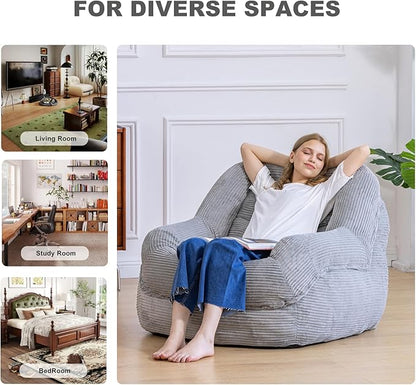 Giant Bean Bag Chair with Armrests - Oversized Cozy Seating for Adults, Corduroy Fabric & High - Density Foam Filling, Ideal Lounge for Living Room, Bedroom & Gaming Room (Grey)