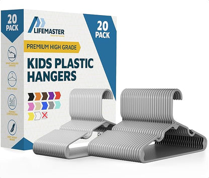 Lifemaster Plastic Kids Clothes Hangers – Children Clothes Hanger with Shoulder Notch, 11.6 Inch Space-Saving Closet Organizer for Baby, Toddler, and Kids Clothing, Hold Up to 5 lbs, Pack of 20, Gray