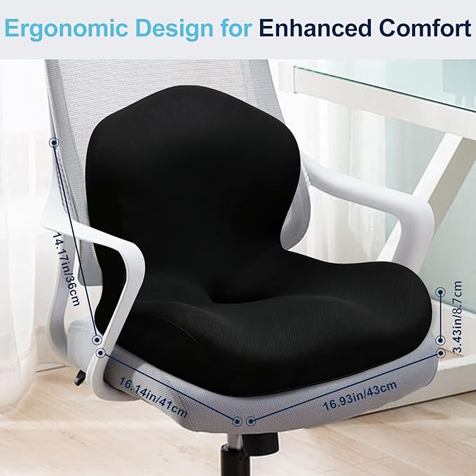 Seat Cushion, Office Chair Cushion, L-Shaped Ergonomic Car Seat Cushions, Memory Foam Chair Cushion, Lumbar Support Pillow for Wheelchair, Car, Home, Office, Desk, Black