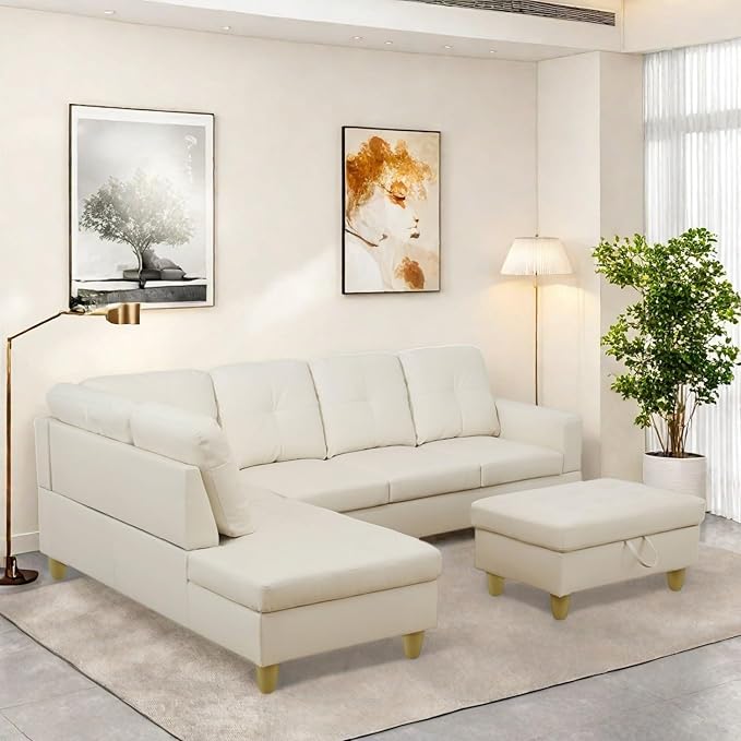 Sectional Couch with Ottoman Storage, L Shaped Sofa Furniture Sets, Modern Modular Couch Comfy Sofa for Living Room Bedroom, White