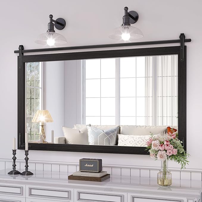 Farmhouse Bathroom Mirror, 48x30 Inch Black Wood Framed Rustic Vanity Mirrors for Wall, Large Rectangular Wall Decor Mirrors for Bedroom Living Room Entryway