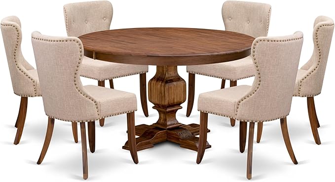 F3SI7-50N-04 7-Pc Kitchen Table Set consists of a Pedestal Table and 6 Light Tan Polyester Padded Chairs with Button Tufted- Antique Walnut