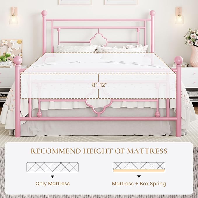 SHA CERLIN 14 Inches Full Size Metal Platform Bed Frame/Vintage Iron-Art Headboard and Footboard/Mattress Foundation for Storage/No Box Spring Needed/Noise-Free/Easy Assembly/Pink