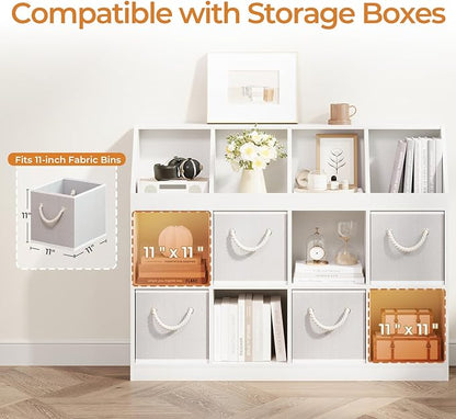 12-Cube Wooden Storage Bookcase - 11-Inch Open Shelf Cabinet, Simple Modern Bookshelf Organizer for Home Office, Living Room, White