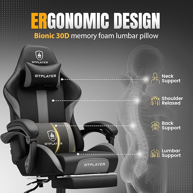GTRACING Gaming Chair with Foot Rest & Pocket Spring Cushion, Ergonomic High Back Computer Chair with Headrest & 360°-Swivel Seat for Home Office Desk, PU Leather, Dark Gray