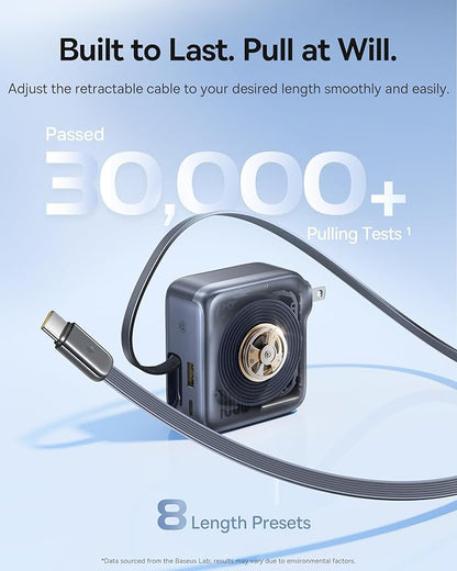 Baseus Enercore 100W USB C Charger with Retractable Built-in Cable, 3-Port Foldable Plug PD Fast Charging Wall Adapter for MacBook Pro/Air, iPad, iPhone 17, Galaxy S25, Pixel, Steam Deck, ROG Ally