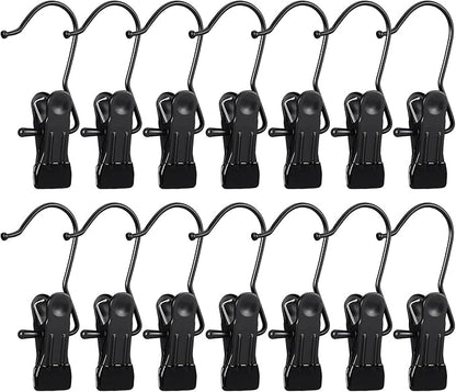 15 Pack Boot Hanger for Closet, Laundry Hooks with Clips, Boot Holder, Hanging Clips, Portable Multifunctional Hangers Single Clip Space Saving for Jeans, Hats, Tall Boots, Towels(Black/Black)