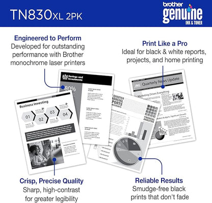 Brother Genuine TN830XL 2PK Black High Yield Printer Toner Cartridge 2-Pack – Print up to 3,000 Pages Each(1)
