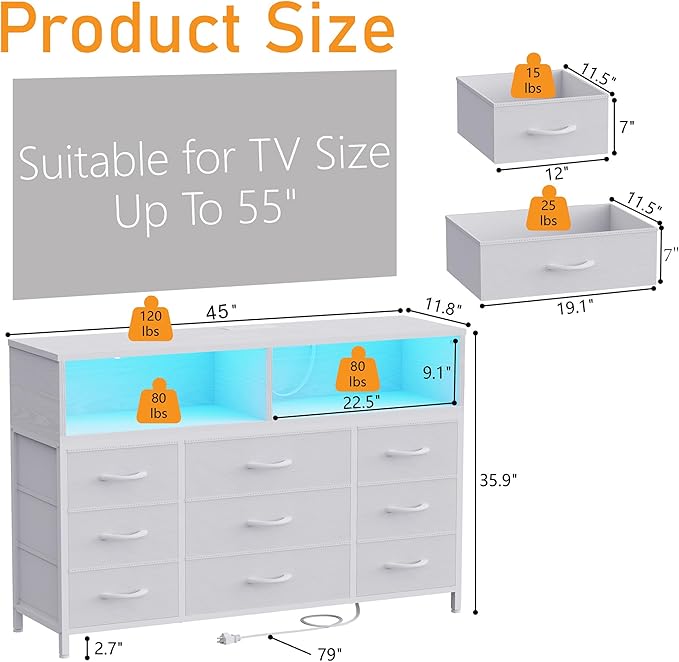 White Dresser for Bedroom, Led Dresser TV Stand with Power Outlets and LED Lights, Long Fabric Dressers Wide Chest of Drawers with Large Organizer for Living Room, Entryway, Hallway,White