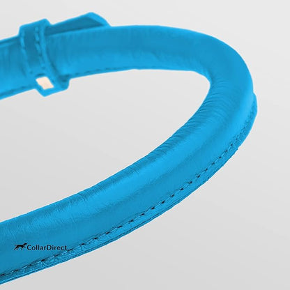 CollarDirect Rolled Leather Dog Collar, Soft Padded Round Puppy Collar, Handmade Genuine Leather Collar Dog Small Large Cat Collars 13 Colors (6-7 Inch, Light Blue Textured)