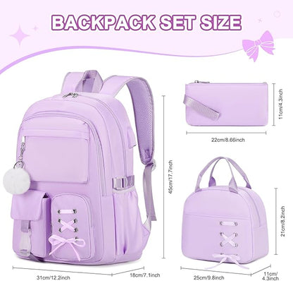 Backpacks for Girls, Girls Backpack with Lunch Box & Pencil Pouch for Teens Girl Kids Elementary Middle High School College Student Bookbag Daypack Laptop Travel Backpack for Women (Purple)