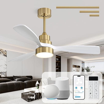 CACI Mall 48 inch Smart Ceiling Fans with Lights, Low Profile, Modern, Gold, 3 Blades, Solid Wood, Remote Control, Work with Alexa/Google, Outdoor Indoor Ceiling Fans for Patio Living Room Bedroom