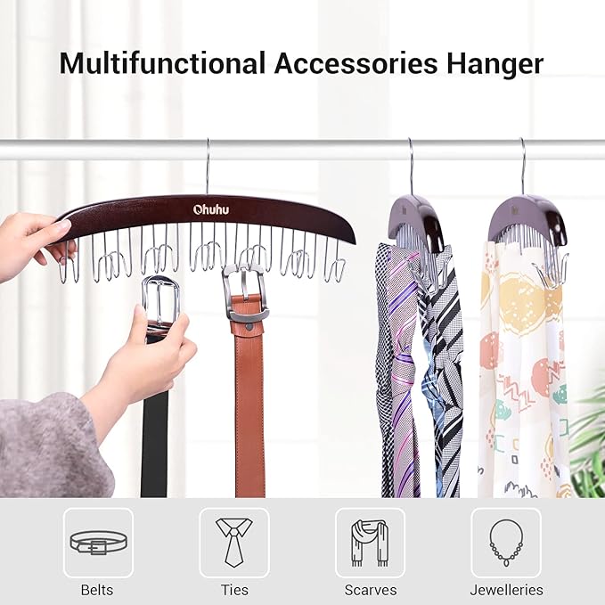Belt Hanger Organizer for Closet: Ohuhu 12 Hooks Max 36 Belts Tie Rack Wooden Belt Holder for Storage 360 Degree Rotating Space Saver Organizer for Men Women Belt Tie Scarf Accessories-Walnut