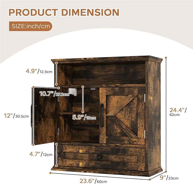 Bathroom Wall Cabinet, Wall Mounted Medicine Cabinet with Drawer, Barn Door & Adjustable Shelf, 24.4"H x 23.6"W x 9"D Rustic Brown Over Toilet Farmhouse Storage Cabinet for Kitchen, Laundry, Entryway