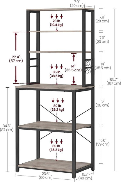 VASAGLE Coffee Bar, Baker’s Rack for Kitchen with Storage, 6-Tier Kitchen Shelves with 6 Hooks, Microwave Stand, Industrial, 15.7 x 23.6 x 65.7 Inches, Greige and Black UKKS024B02