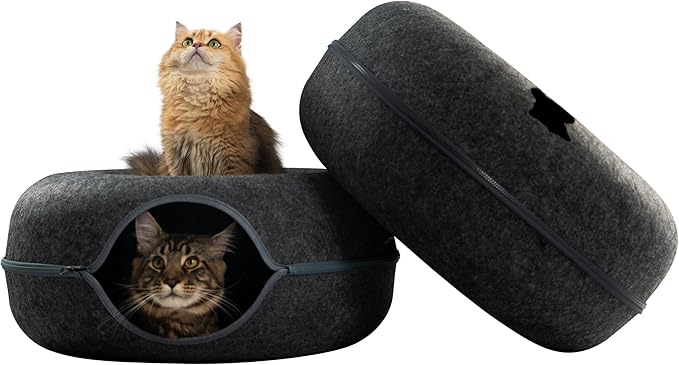 CATTASAURUS Peekaboo Cat Cave for Multiple & Large Cats Up to 30-45 Lbs, Scratch Detachable & Washable Tunnel Bed, Comfy Donut Cat Cave (Dark Gray + Dark Gray, Large)