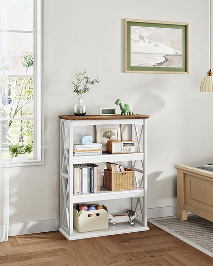 4-Tier Bookcase, 42.9" Floor Standing Organizer Shelf, Corner Book Stand, Metal Frame, for Study, Bedroom, Living Room, White and Walnut TSJ01WL