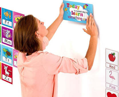 58 Pieces Educational Preschool Cards Kids Early Learning Poster Alphabet Number Colors and Shapes Bulletin Board Decoration Kindergarten Classroom Learning Card with Glue Point Dot (Rich Style)
