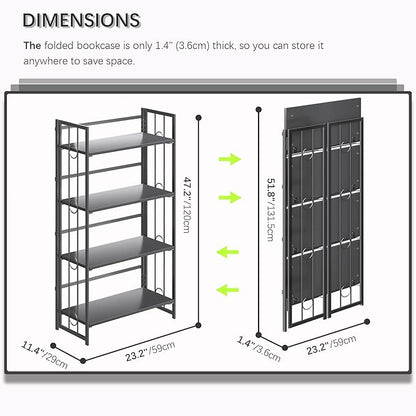 4NM No Assembly 4 Tiers Folding Bookshelf, 47.2" H Foldable Storage Shelves Vintage Bookcase Standing Racks Study Organizer Home Office - All Black