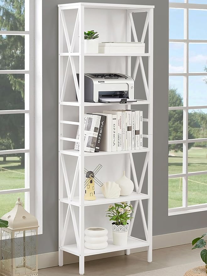 HOMISSUE Tall Bookshelf, 6-Tier Book Shelf, Rustic Wood Metal Bookshelves and Bookcases, Freestanding and Industrial Open Bookcase for Home Office, Living Room and Bedroom, Vintage, White