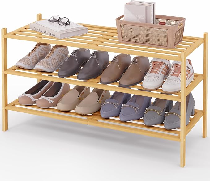 Smiry Long Bamboo Shoe Rack 3-Tier, Stackable Wooden Shoe Organizer for Entryway & Closet, Free Standing Wood Shoe Storage Shelf for Front Door & Small Spaces, Natural