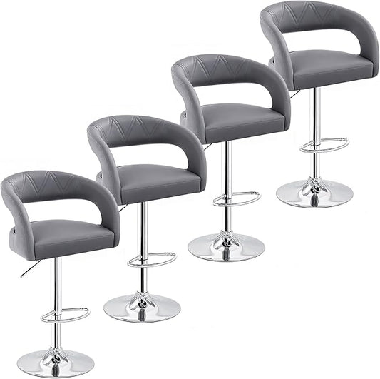 VECELO Bar Stools Set of 4 Adjustable Swivel Modern Pu Leather Barstools, Counter Bar Stools with Back and Arms, for Kitchen, Bar (Light Gray)