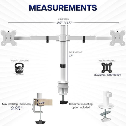 VIVO Dual LCD LED 21 to 32 inch Monitor Desk Mount, Heavy Duty, Adjustable Telescoping Arms, Flush Wall Setup, Fits 2 Screens, White, STAND-V002EW