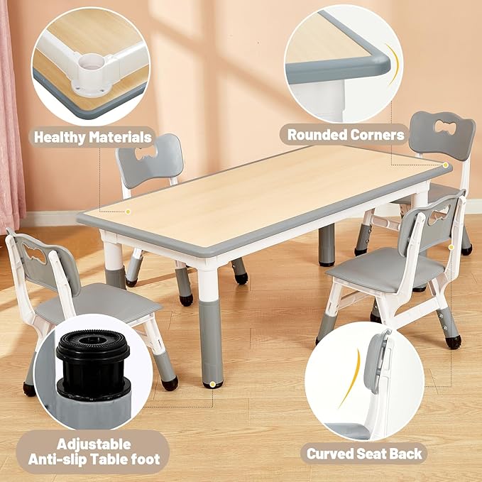 FUNLIO Kids Table and 4 Chairs Set for Ages 3-8, Height Adjustable Toddler Table and Chair Set, Easy to Wipe Arts & Crafts Table, for Classrooms/Daycares/Homes, CPC & CE Approved (5-Piece Set) - Gray